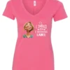 pink humor v-neck t-shirt featuring a young blonde girl with an embarrassed face saying I should have a warning label