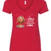 red humor v-neck t-shirt featuring a young blonde girl with an embarrassed face saying I should have a warning label