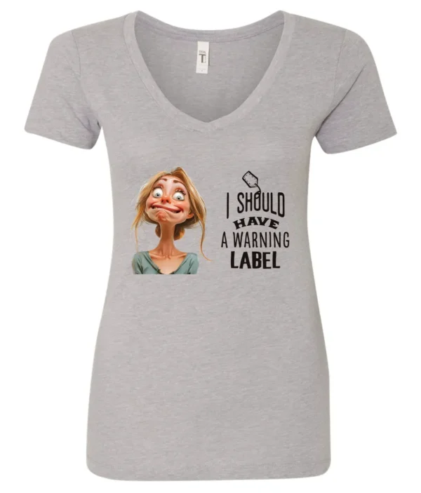 silver humor v-neck t-shirt featuring a young blonde girl with an embarrassed face saying I should have a warning label