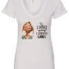 white humor v-neck t-shirt featuring a young blonde girl with an embarrassed face saying I should have a warning label