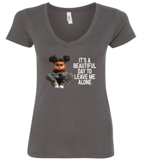 gray sarcastic quote v-neck t-shirt featuring a young black girl with two hair buns, and mad face saying it’s a beautiful day to leave me alone