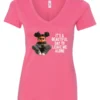 pink sarcastic quote v-neck t-shirt featuring a young black girl with two hair buns, and mad face saying it’s a beautiful day to leave me alone