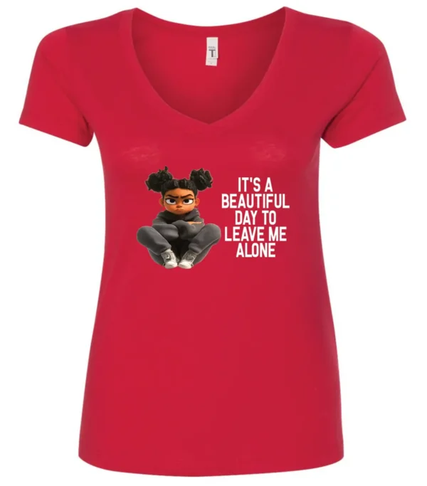 red sarcastic quote v-neck t-shirt featuring a young black girl with two hair buns, and mad face saying it’s a beautiful day to leave me alone