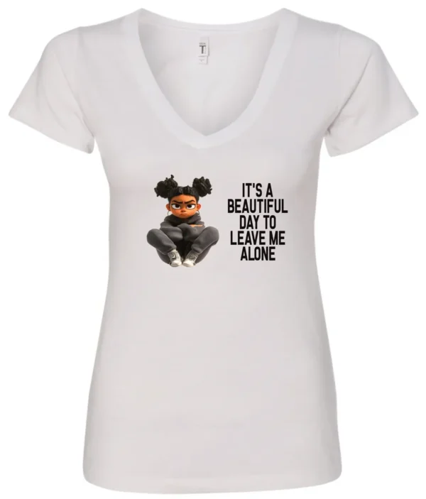 white sarcastic quote v-neck t-shirt featuring a young black girl with two hair buns, and mad face saying it’s a beautiful day to leave me alone