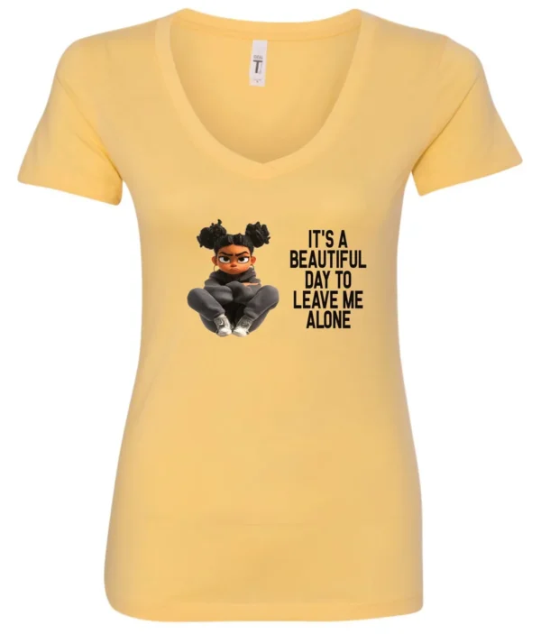 yellow sarcastic quote v-neck t-shirt featuring a young black girl with two hair buns, and mad face saying it’s a beautiful day to leave me alone