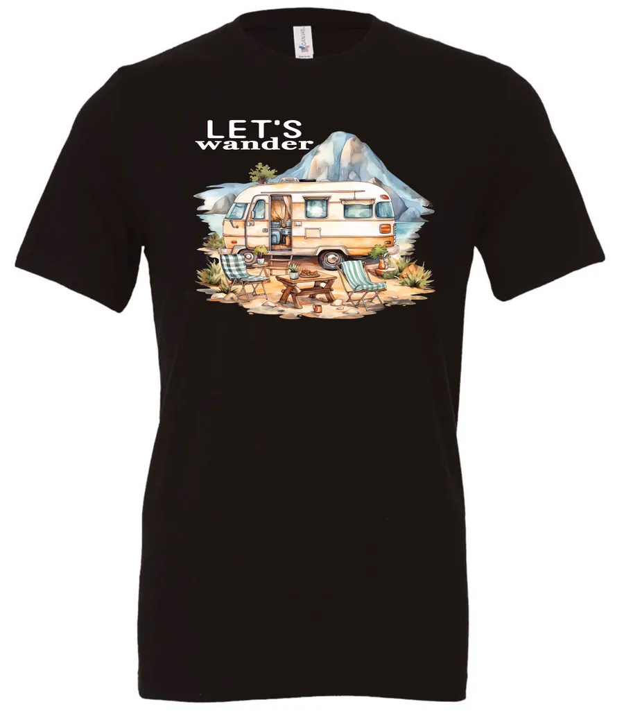 black camper t-shirt featuring a camper in the lake with the mountains as background, and it says let’s wander