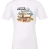white camper t-shirt featuring a camper in the lake with the mountains as background, and it says let’s wander