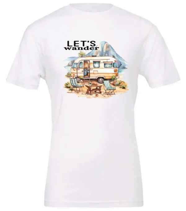 white camper t-shirt featuring a camper in the lake with the mountains as background, and it says let’s wander