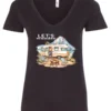 black camper v-neck t-shirt featuring a camper in the lake with the mountains as background, and it says let’s wander