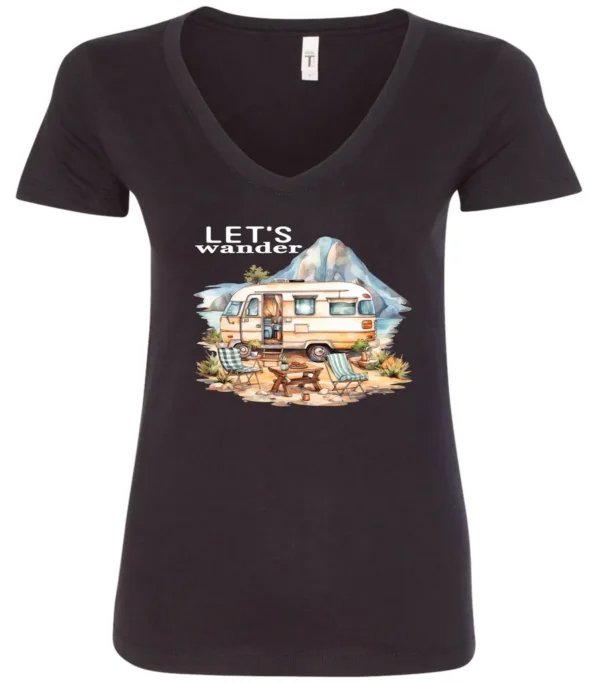 black camper v-neck t-shirt featuring a camper in the lake with the mountains as background, and it says let’s wander