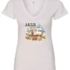white camper v-neck t-shirt featuring a camper in the lake with the mountains as background, and it says let’s wander