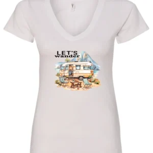 white camper v-neck t-shirt featuring a camper in the lake with the mountains as background, and it says let’s wander