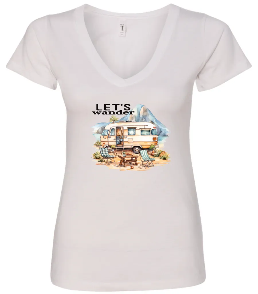 white camper v-neck t-shirt featuring a camper in the lake with the mountains as background, and it says let’s wander
