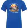 blue campfire t-shirt featuring a camper by the lake, campfire on, and mountains with a sunset in the background, and it says life is better at the campfire.