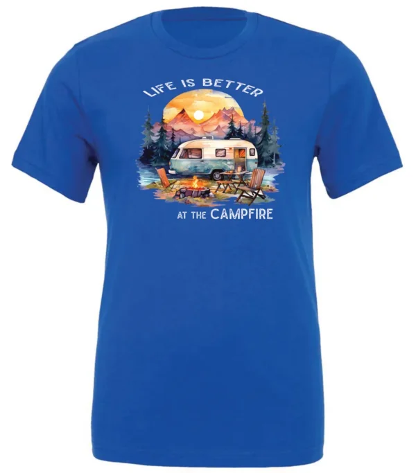 blue campfire t-shirt featuring a camper by the lake, campfire on, and mountains with a sunset in the background, and it says life is better at the campfire.