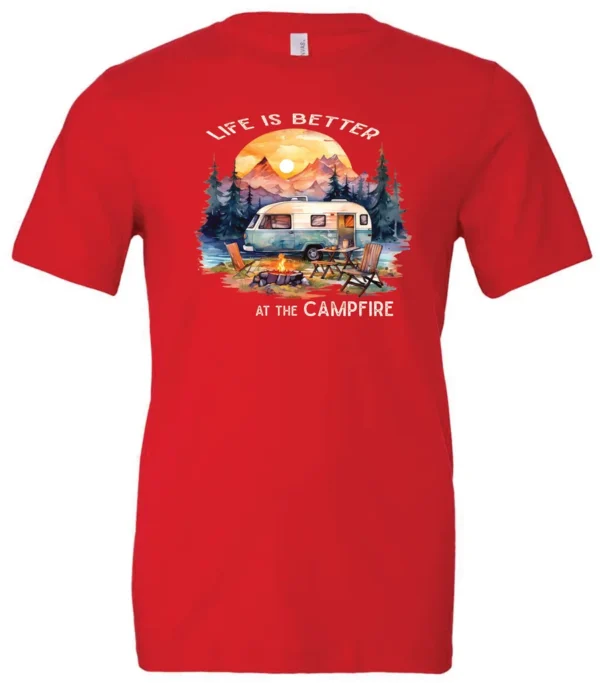 red campfire t-shirt featuring a camper by the lake, campfire on, and mountains with a sunset in the background, and it says life is better at the campfire.