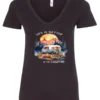 black campfire v-neck t-shirt featuring a camper by the lake, campfire on, and mountains with a sunset in the background, and it says life is better at the campfire.