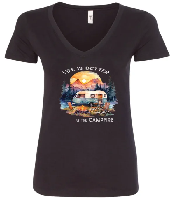 black campfire v-neck t-shirt featuring a camper by the lake, campfire on, and mountains with a sunset in the background, and it says life is better at the campfire.