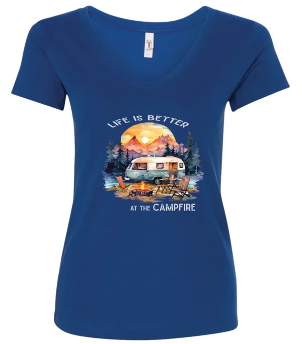 blue campfire v-neck t-shirt featuring a camper by the lake, campfire on, and mountains with a sunset in the background, and it says life is better at the campfire.