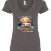 gray campfire v-neck t-shirt featuring a camper by the lake, campfire on, and mountains with a sunset in the background, and it says life is better at the campfire.