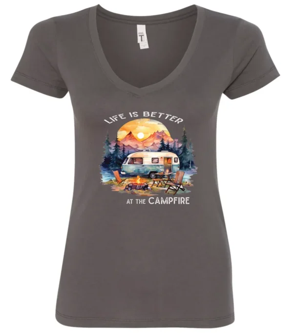 gray campfire v-neck t-shirt featuring a camper by the lake, campfire on, and mountains with a sunset in the background, and it says life is better at the campfire.