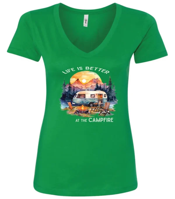green campfire v-neck t-shirt featuring a camper by the lake, campfire on, and mountains with a sunset in the background, and it says life is better at the campfire.