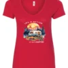 red campfire v-neck t-shirt featuring a camper by the lake, campfire on, and mountains with a sunset in the background, and it says life is better at the campfire.