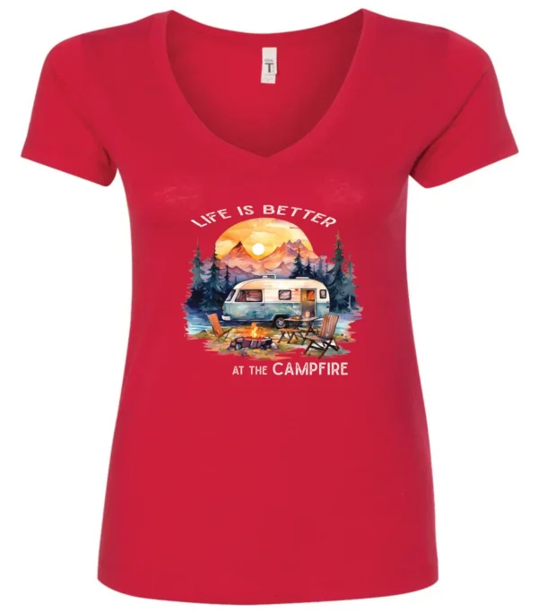 red campfire v-neck t-shirt featuring a camper by the lake, campfire on, and mountains with a sunset in the background, and it says life is better at the campfire.