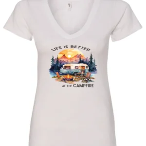 white campfire v-neck t-shirt featuring a camper by the lake, campfire on, and mountains with a sunset in the background, and it says life is better at the campfire.