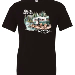black Camping graphic t-shirt featuring a white and red old camper set up by the lake in the woods, and it says life is better in the woods