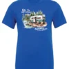blue Camping graphic t-shirt featuring a white and red old camper set up by the lake in the woods, and it says life is better in the woods