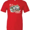red Camping graphic t-shirt featuring a white and red old camper set up by the lake in the woods, and it says life is better in the woods