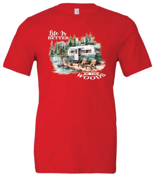 red Camping graphic t-shirt featuring a white and red old camper set up by the lake in the woods, and it says life is better in the woods