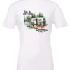 white Camping graphic t-shirt featuring a white and red old camper set up by the lake in the woods, and it says life is better in the woods