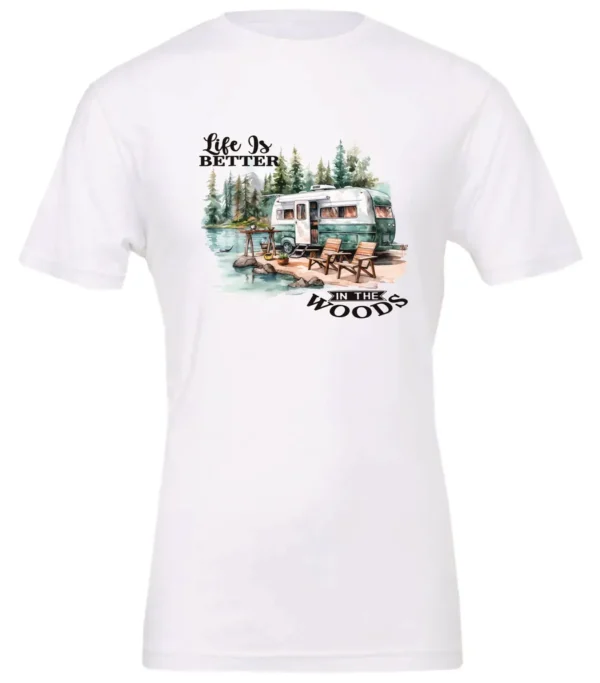 white Camping graphic t-shirt featuring a white and red old camper set up by the lake in the woods, and it says life is better in the woods
