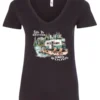 black Camping graphic v-neck t-shirt featuring a white and red old camper set up by the lake in the woods, and it says life is better in the woods