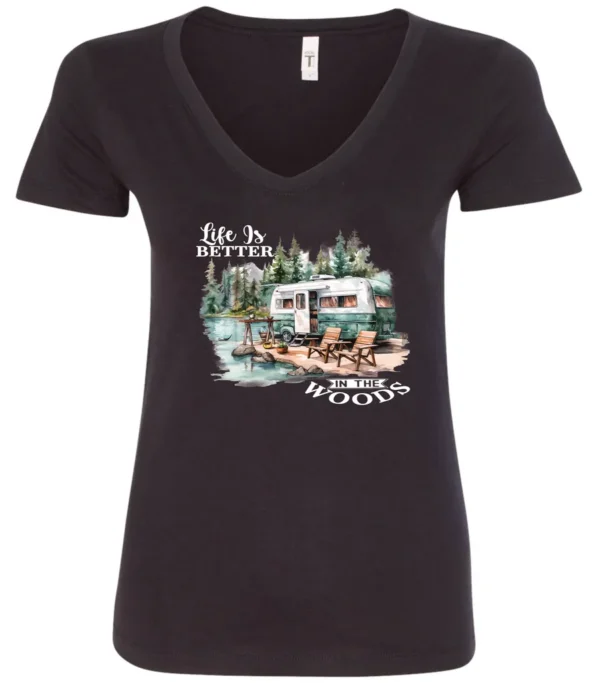 black Camping graphic v-neck t-shirt featuring a white and red old camper set up by the lake in the woods, and it says life is better in the woods
