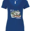 blue Camping graphic v-neck t-shirt featuring a white and red old camper set up by the lake in the woods, and it says life is better in the woods