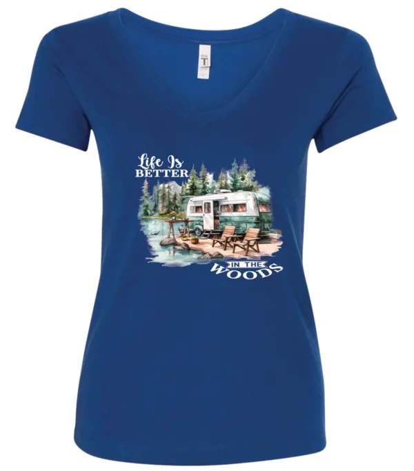 blue Camping graphic v-neck t-shirt featuring a white and red old camper set up by the lake in the woods, and it says life is better in the woods