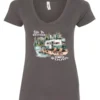 gray Camping graphic v-neck t-shirt featuring a white and red old camper set up by the lake in the woods, and it says life is better in the woods