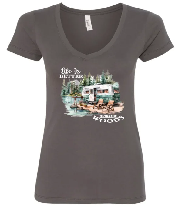 gray Camping graphic v-neck t-shirt featuring a white and red old camper set up by the lake in the woods, and it says life is better in the woods