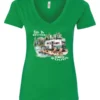 green Camping graphic v-neck t-shirt featuring a white and red old camper set up by the lake in the woods, and it says life is better in the woods