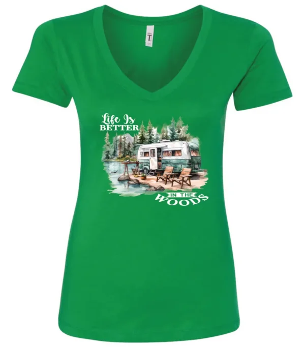 green Camping graphic v-neck t-shirt featuring a white and red old camper set up by the lake in the woods, and it says life is better in the woods