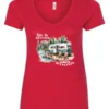red Camping graphic v-neck t-shirt featuring a white and red old camper set up by the lake in the woods, and it says life is better in the woods