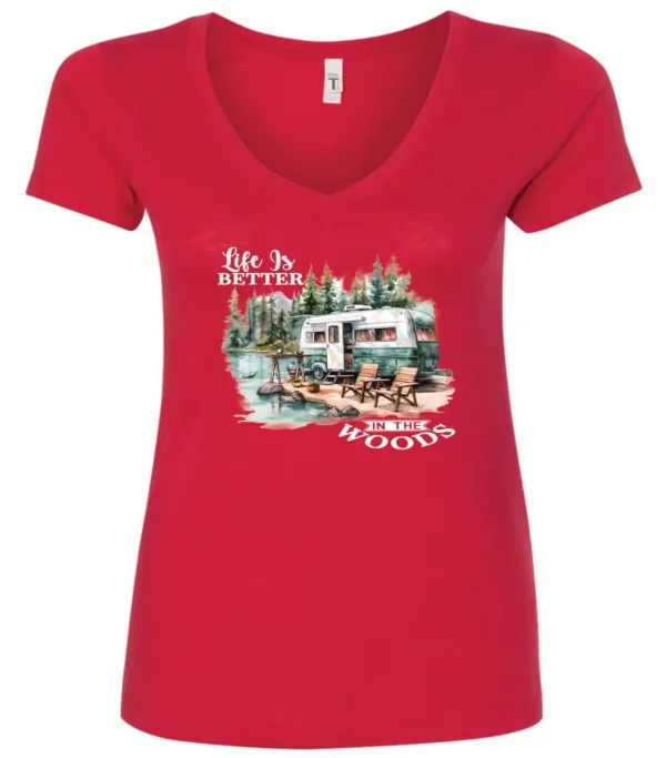 red Camping graphic v-neck t-shirt featuring a white and red old camper set up by the lake in the woods, and it says life is better in the woods
