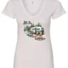 white Camping graphic v-neck t-shirt featuring a white and red old camper set up by the lake in the woods, and it says life is better in the woods