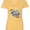 yellow Camping graphic v-neck t-shirt featuring a white and red old camper set up by the lake in the woods, and it says life is better in the woods