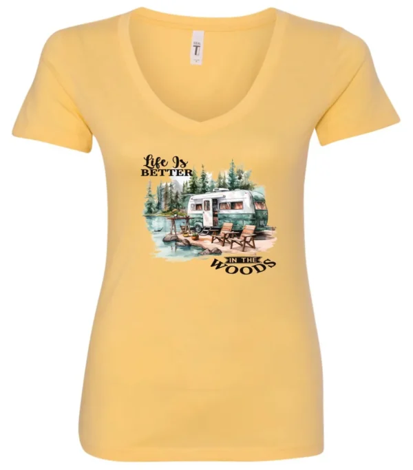yellow Camping graphic v-neck t-shirt featuring a white and red old camper set up by the lake in the woods, and it says life is better in the woods