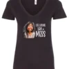 black funny saying v-neck t-shirt featuring a young girl with long brown hair, with an embarrassed face saying life update, still a mess