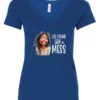 blue funny saying v-neck t-shirt featuring a young girl with long brown hair, with an embarrassed face saying life update, still a mess